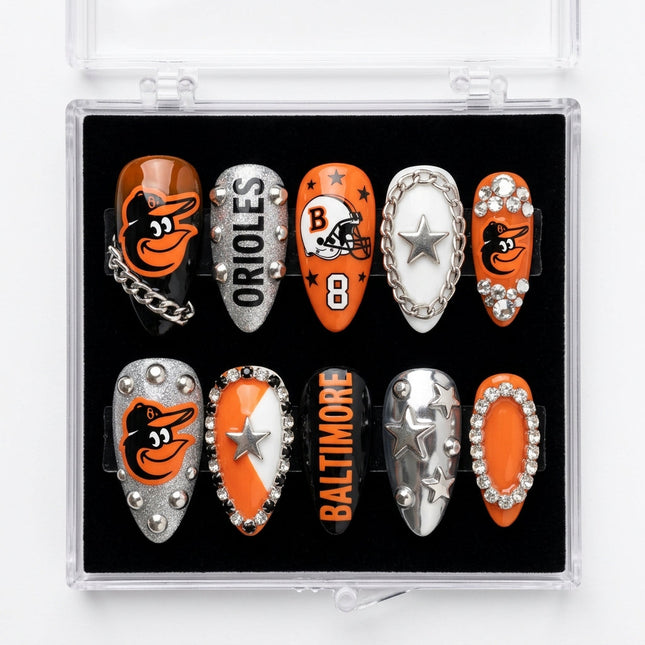 Baltimore Orioles Handmade Press On Nails | Reusable 3D Nail Set