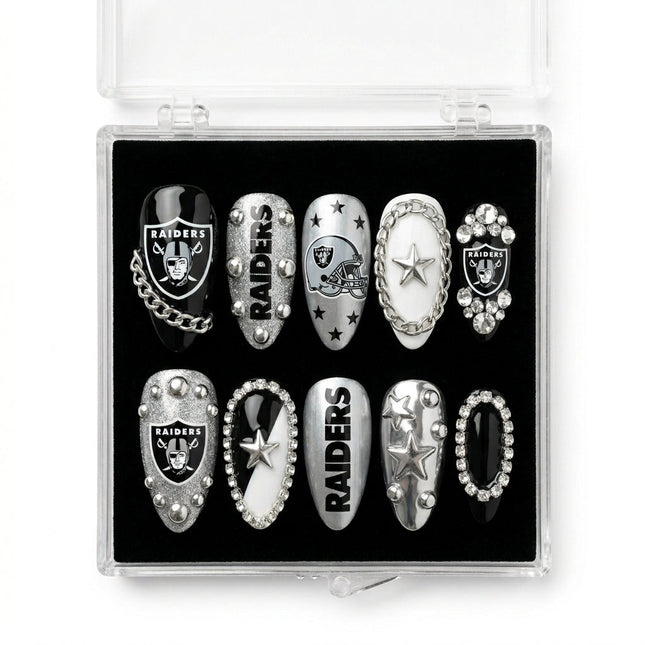 Las Vegas Raiders Handmade Press On Nails | Reusable 3D Nail Set