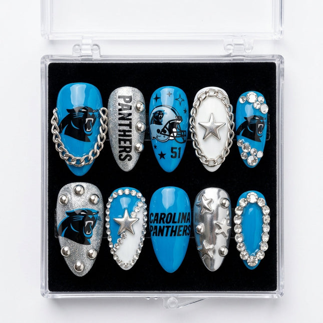 Carolina Panthers Handmade Press On Nails | Reusable 3D Nail Set