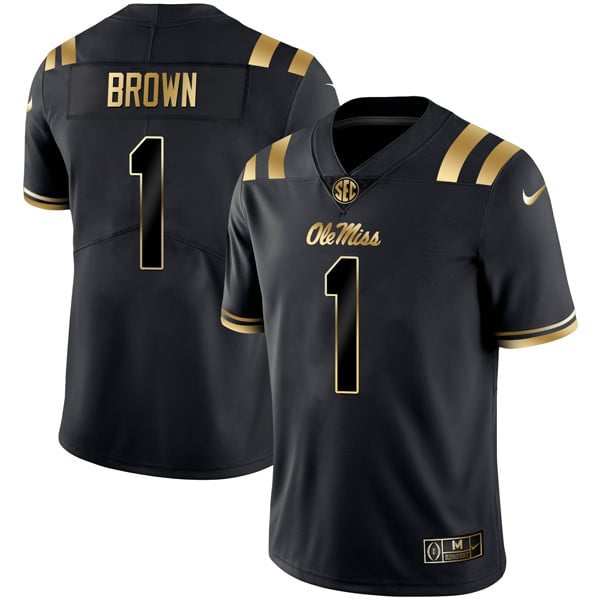 Men’s Ole Miss Rebels Football Black Gold Jersey – All Stitched