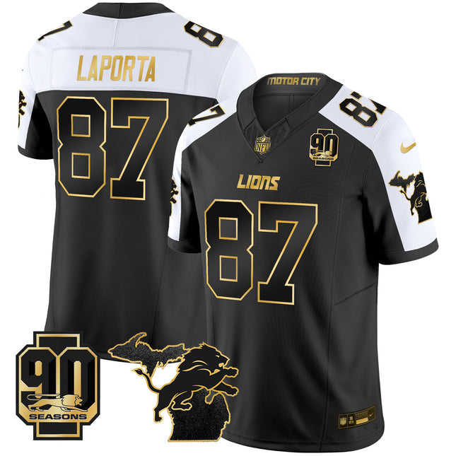 Men's Detroit Lions 2025 Michigan & 90th Season Patch Gold Vapor Limited Jersey - All Stitched