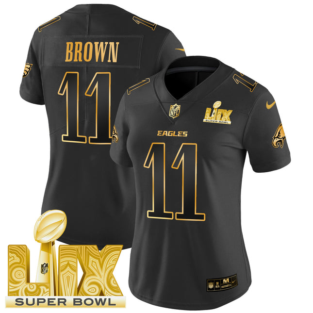 Women's Philadelphia Eagles Super Bowl LIX Patch Gold Vapor Limited Jersey - All Stitched