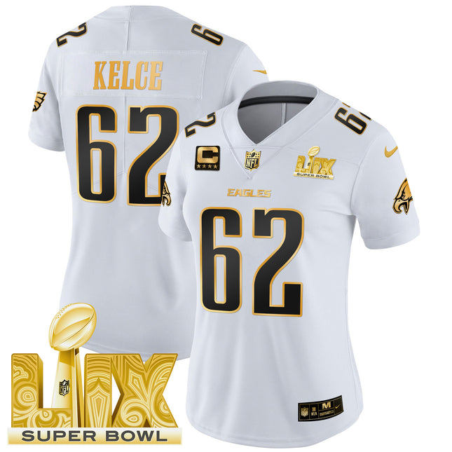 Women's Philadelphia Eagles Super Bowl LIX Patch Gold Vapor Limited Jersey - All Stitched
