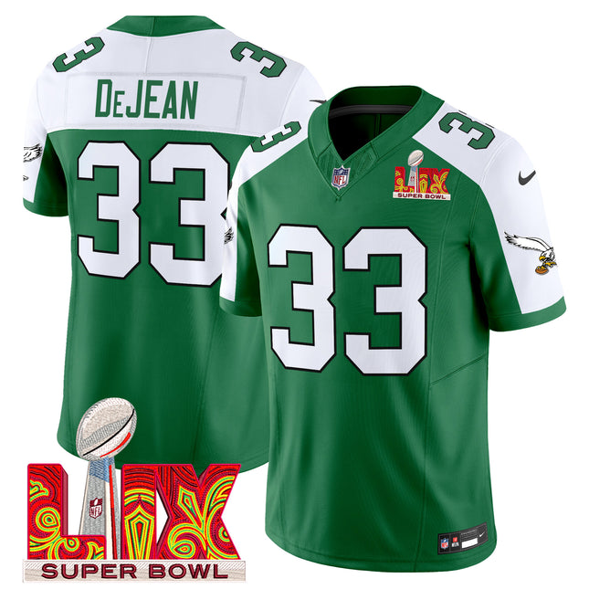 Men's Philadelphia Eagles Kelly Green Super Bowl LIX Patch Vapor Limited Jersey - All Stitched