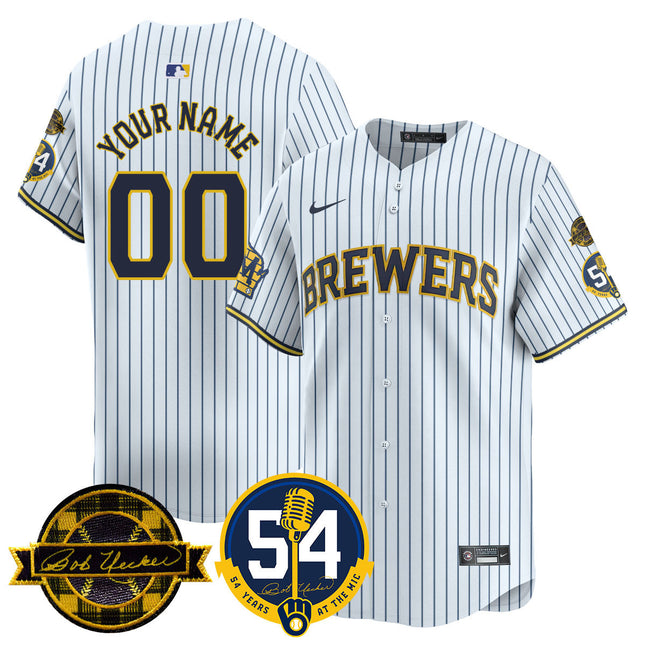 Custom Name/Number Milwaukee Brewers Jersey - Bob Uecker, 54 Seasons for Brewers - All Stitched