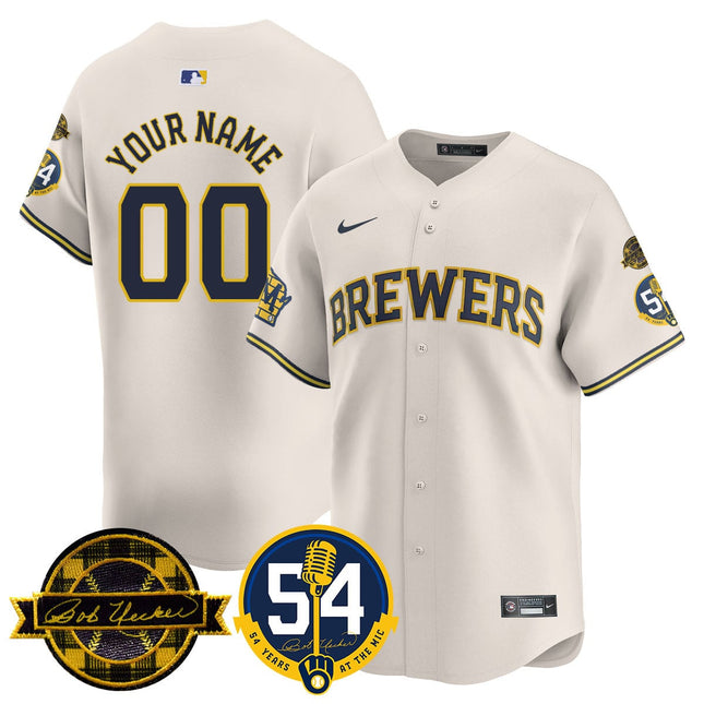 Custom Name/Number Milwaukee Brewers Jersey - Bob Uecker, 54 Seasons for Brewers - All Stitched