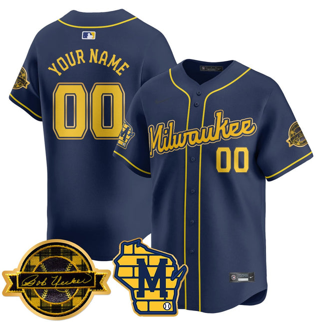Custom Name/Number Milwaukee Brewers 2025 Limited Gold Jersey - Bob Uecker Patch - All Stitched