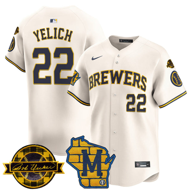 Men's Milwaukee Brewers Home & Bob Uecker Patch Vapor Premier Limited Jersey - All Stitched