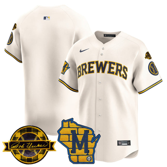 Men's Milwaukee Brewers Home & Bob Uecker Patch Vapor Premier Limited Jersey - All Stitched