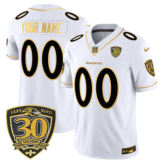 Baltimore Ravens 2025 Gold Vapor Limited Custom Jersey - 30th Anniversary Patch - All Stitched