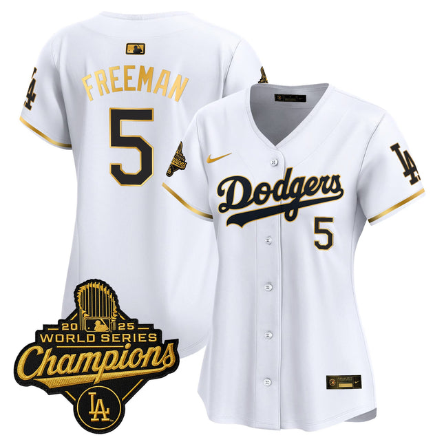 Women's Dodgers 2025 World Series Champions Patch Gold Trim Vapor Premier Limited Jersey - All Stitched