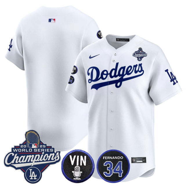 Men's Dodgers 2025 World Series Champions Vapor Premier Limited Jersey - Vin Scully & Fernando Patch - All Stitched