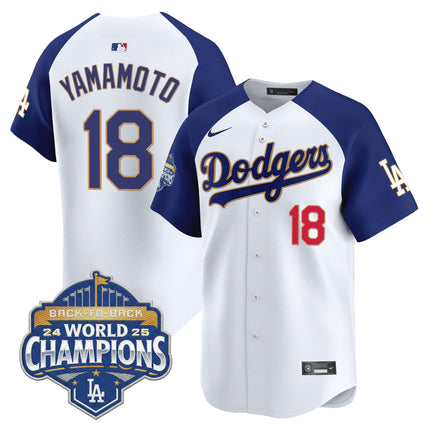 Men's Dodgers 2025 Back-To-Back Champions Gold Trim Vapor Premier Limited Jersey - All Stitched