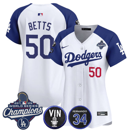 Women's Dodgers 2025 World Series Champions Vapor Premier Limited Jersey - Vin Scully & Fernando Patch - All Stitched