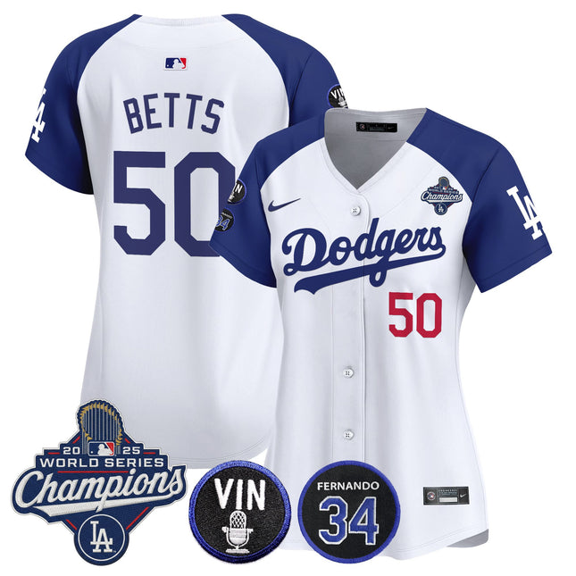 Women's Dodgers 2025 World Series Champions Vapor Premier Limited Jersey - Vin Scully & Fernando Patch - All Stitched