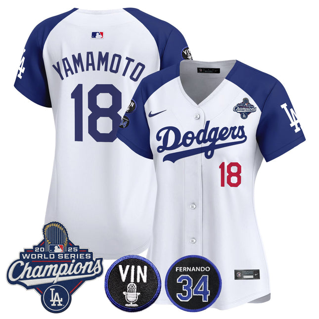 Women's Dodgers 2025 World Series Champions Vapor Premier Limited Jersey - Vin Scully & Fernando Patch - All Stitched