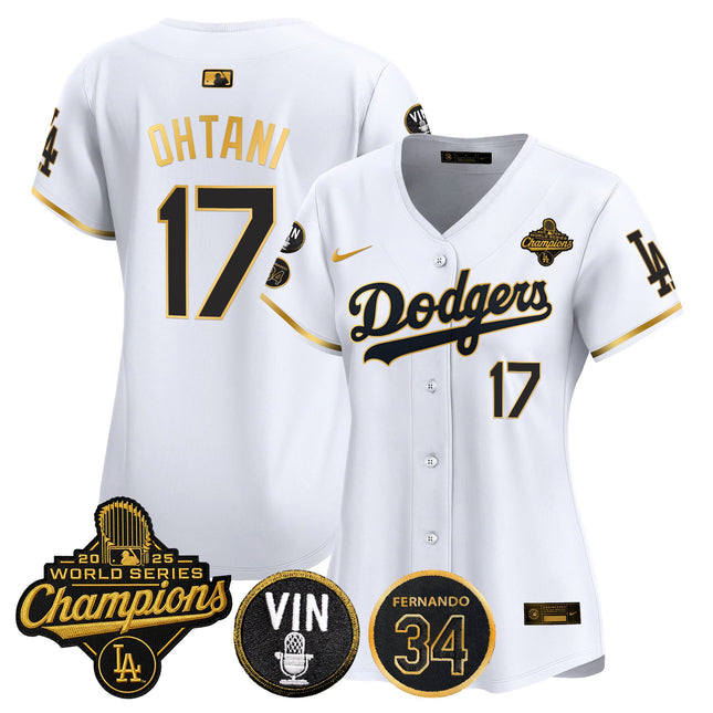 Women's Dodgers 2025 World Series Champions Vapor Premier Limited Jersey - Vin Scully & Fernando Patch - All Stitched