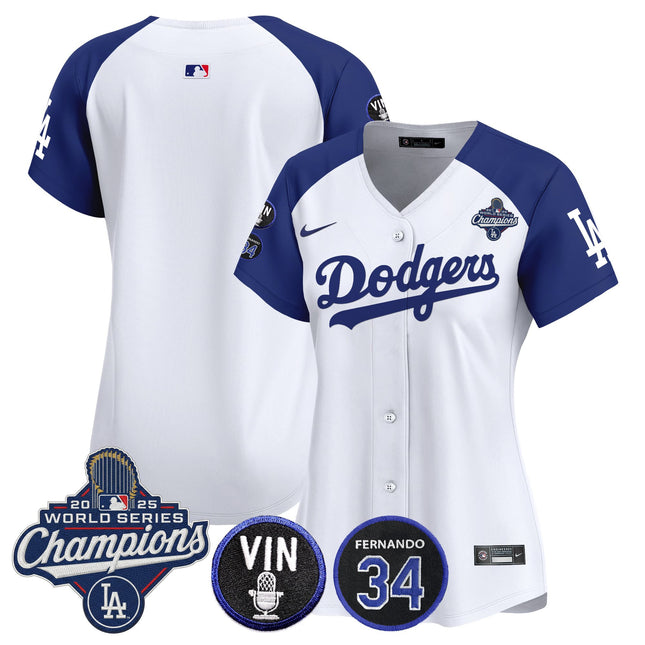Women's Dodgers 2025 World Series Champions Vapor Premier Limited Jersey - Vin Scully & Fernando Patch - All Stitched