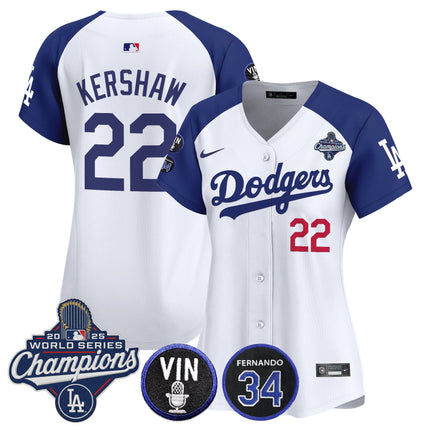Women's Dodgers 2025 World Series Champions Vapor Premier Limited Jersey - Vin Scully & Fernando Patch - All Stitched
