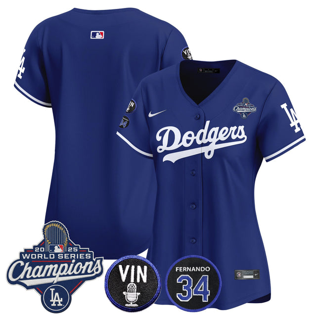 Women's Dodgers 2025 World Series Champions Vapor Premier Limited Jersey - Vin Scully & Fernando Patch - All Stitched