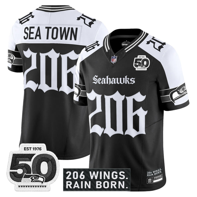 Men's Seattle Seahawks 'Gothic Rain City Shadows Edition' Vapor Jersey - 50th Anniversary Patch - All Stitched