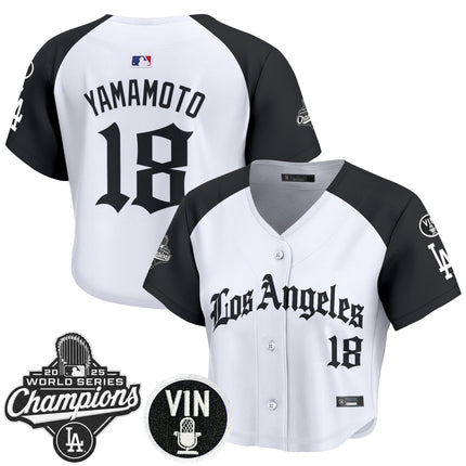 Women's Dodgers 2025 World Series Champions Crop Top Baseball Jersey - LA Gothic Edition - All Stitched