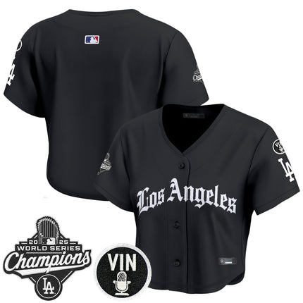 Women's Dodgers 2025 World Series Champions Crop Top Baseball Jersey - LA Gothic Edition - All Stitched