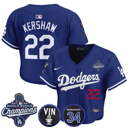 Women's Dodgers 2025 World Series Champions Crop Top Baseball Jersey - Vin Scully & Fernando Patch - All Stitched