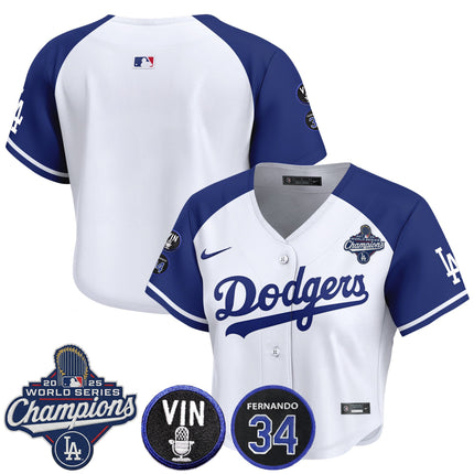 Women's Dodgers 2025 World Series Champions Crop Top Baseball Jersey - Vin Scully & Fernando Patch - All Stitched