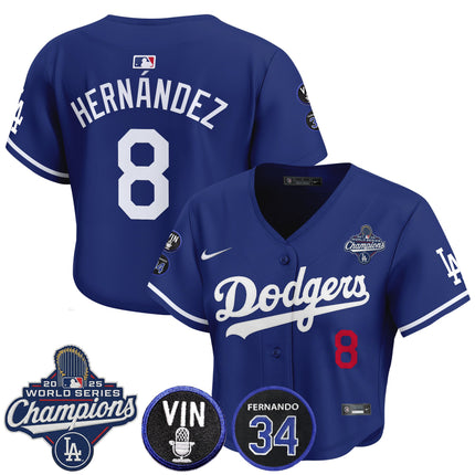 Women's Dodgers 2025 World Series Champions Crop Top Baseball Jersey - Vin Scully & Fernando Patch - All Stitched