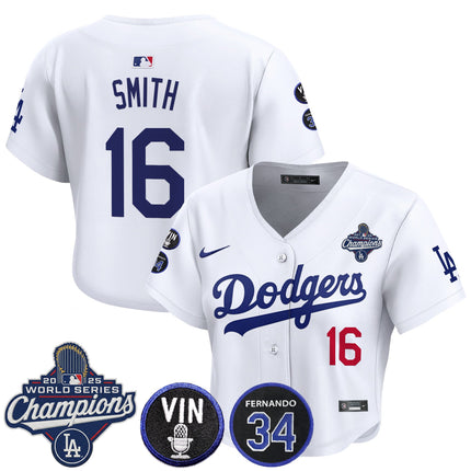 Women's Dodgers 2025 World Series Champions Crop Top Baseball Jersey - Vin Scully & Fernando Patch - All Stitched