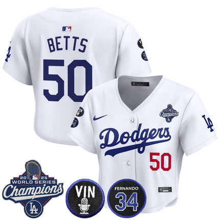Women's Dodgers 2025 World Series Champions Crop Top Baseball Jersey - Vin Scully & Fernando Patch - All Stitched