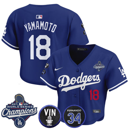 Women's Dodgers 2025 World Series Champions Crop Top Baseball Jersey - Vin Scully & Fernando Patch - All Stitched