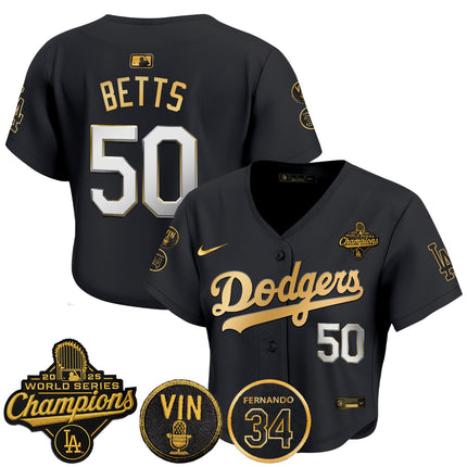 Women's Dodgers 2025 World Series Champions Crop Top Baseball Jersey - Vin Scully & Fernando Patch - All Stitched
