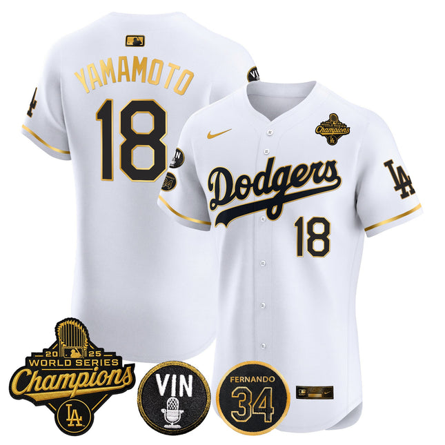 Men's Dodgers 2025 World Series Champions Vapor Premier Elite Jersey - Vin Scully & Fernando Patch - All Stitched