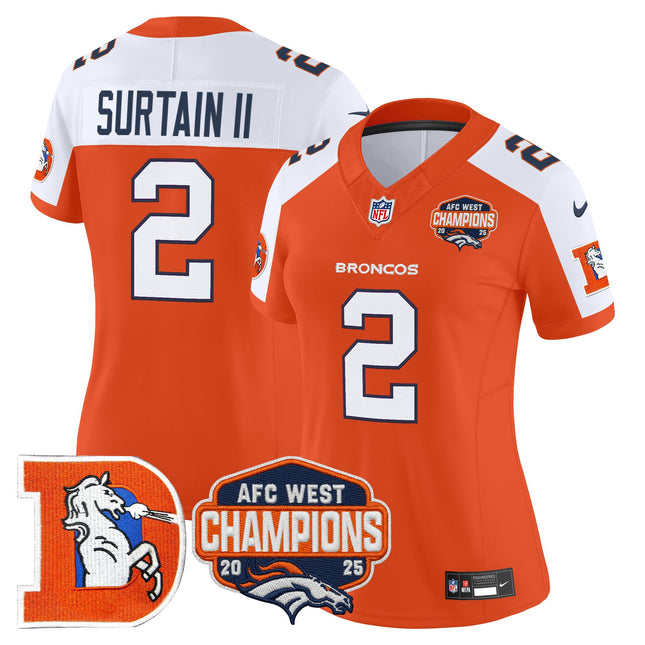 Women's Denver Broncos Throwback Vapor Limited Jersey - 2025 AFC West Division Champions Patch - All Stitched
