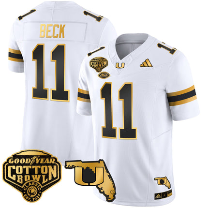 Men's Miami Hurricanes 2025/26 Cotton Bowl & Florida Patch Gold Vapor Limited Jersey - All Stitched