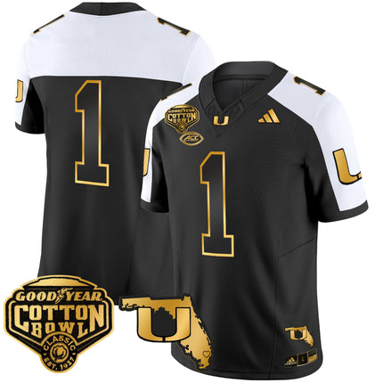 Men's Miami Hurricanes 2025/26 Cotton Bowl & Florida Patch Gold Vapor Limited Jersey - All Stitched