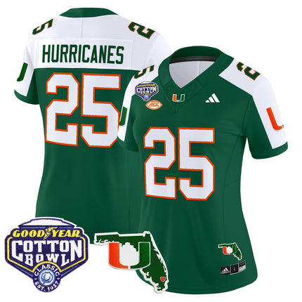 Women's Miami Hurricanes 2025 Cotton Bowl & Florida Patch Vapor Limited Jersey - All Stitched