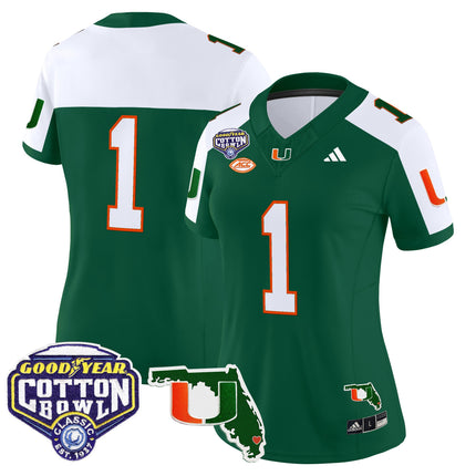 Women's Miami Hurricanes 2025 Cotton Bowl & Florida Patch Vapor Limited Jersey - All Stitched