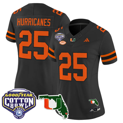 Women's Miami Hurricanes 2025 Cotton Bowl & Florida Patch Vapor Limited Jersey - All Stitched