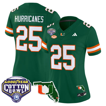 Women's Miami Hurricanes 2025 Cotton Bowl & Florida Patch Vapor Limited Jersey - All Stitched