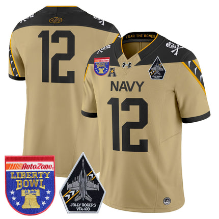 Men's Navy Midshipmen 'Jolly Rogers Edition' Vapor Limited Jersey - 2026 Liberty Bowl Patch - All Stitched