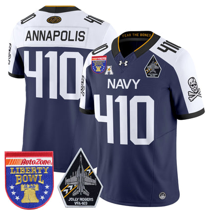 Men's Navy Midshipmen 'Jolly Rogers Edition' Vapor Limited Jersey - 2026 Liberty Bowl Patch - All Stitched