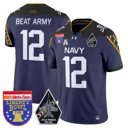 Men's Navy Midshipmen 'Jolly Rogers Edition' Vapor Limited Jersey - 2026 Liberty Bowl Patch - All Stitched