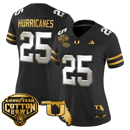 Women's Miami Hurricanes 2025/26 Cotton Bowl & Florida Patch Gold Vapor Limited Jersey - All Stitched