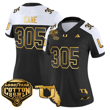 Women's Miami Hurricanes 2025/26 Cotton Bowl & Florida Patch Gold Vapor Limited Jersey - All Stitched