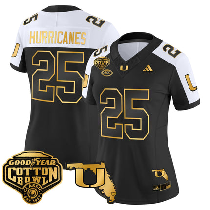 Women's Miami Hurricanes 2025/26 Cotton Bowl & Florida Patch Gold Vapor Limited Jersey - All Stitched