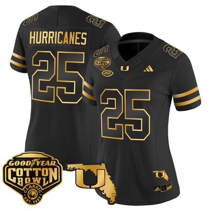 Women's Miami Hurricanes 2025/26 Cotton Bowl & Florida Patch Gold Vapor Limited Jersey - All Stitched