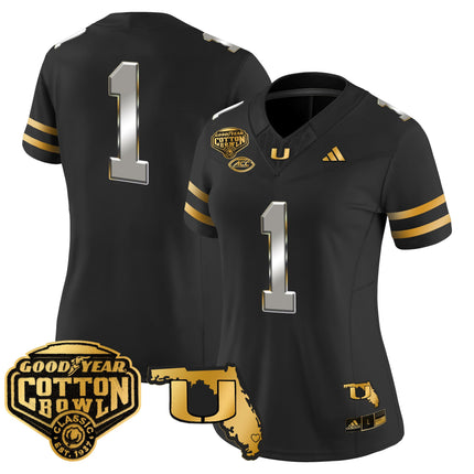 Women's Miami Hurricanes 2025/26 Cotton Bowl & Florida Patch Gold Vapor Limited Jersey - All Stitched